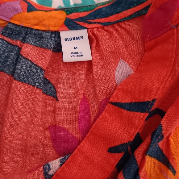 Old Navy~Relaxed Tie Cuff Linen Blend Tropical Orange Blouse - Picture 3 of 15